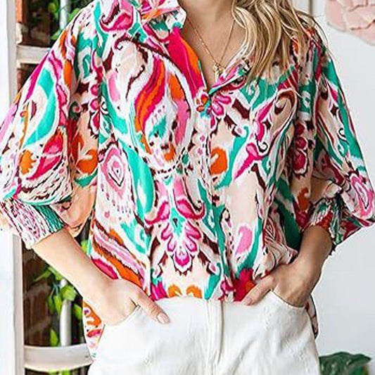 🎉2025 Új termékek Hot Sale✨ Női nyomtatott gombos ing hosszú ujjú lámpás hosszú ujjú inggel