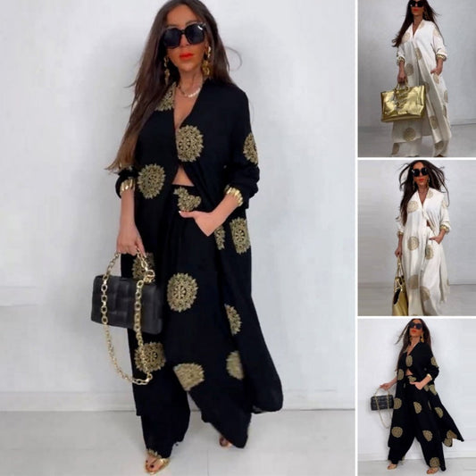 Női laza szabású, hegyes nyakkivágású felső és kétrészes szett széles szárú mintával