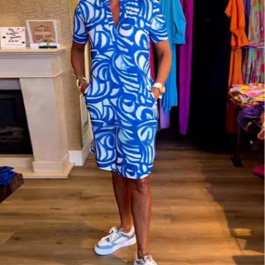 🌼Rövid ujjú nyomtatott V-nyakú divat ruha