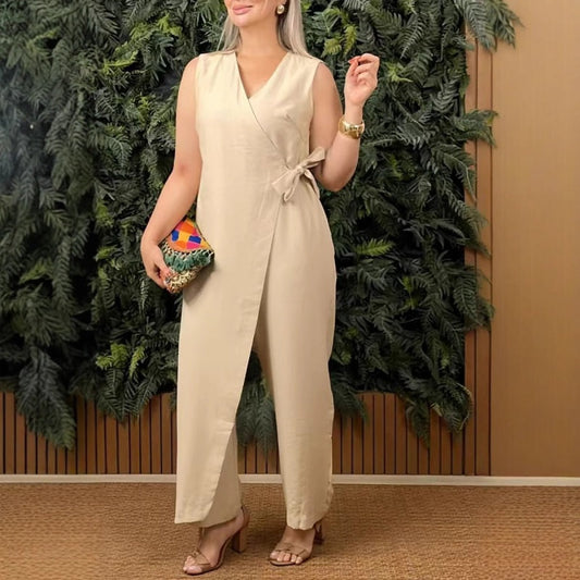 Női egyszínű alkalmi V-nyakú kötött jumpsuit