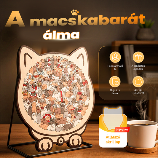 🎄🎁 135 darabos, Morandi-színekkel festett, macska alakú fa kirakós játék 🎅
