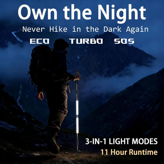 🏔️🔦 Világító taktikai túrabotok – Könnyű, összecsukható, LED-es túrabotok 🌄✨