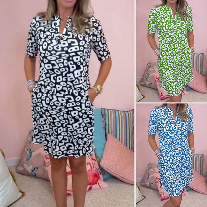 🔥Nagy akció: 32% kedvezmény💖 Női Lezser Rövid Ujjú V-Nyakú Mintás Ruha