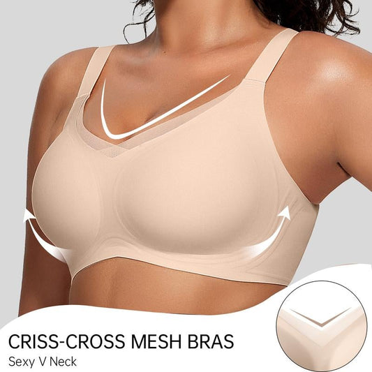 ✨Légáteresztő és nem fülledt😍Női vezeték nélküli, V-nyakú, keresztezett, hálós, varrás nélküli push-up melltartó