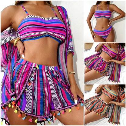 🌺 Csíkos Spagetti Bikini Szett (4 Rész) – A Tökéletes Nyári Look S-től XL-ig! 🏖️📸