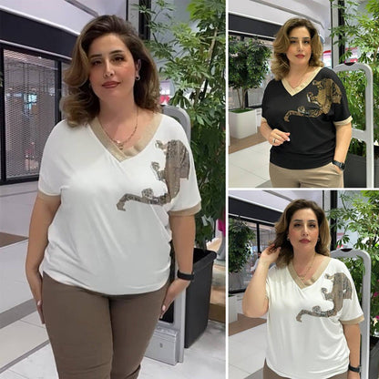 🌸Nyári Akciók💐 Női Lezser Elegáns Mintás V-nyakú Felső