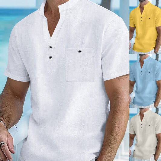 🌞Férfi lezser lenvászon rövid ujjú, állógalléros póló