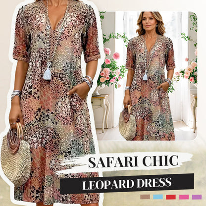 🏖️🌼Kényelmes, bő, V-nyakú, leopárdmintás ruha