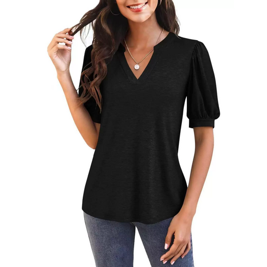 👚Női V-nyakú alkalmi puff rövid ujjú felső elegáns póló