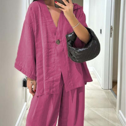 🌸【S-3XL】Női V-nyakú felső és széles szárú nadrág egyszínű 2 részes szett