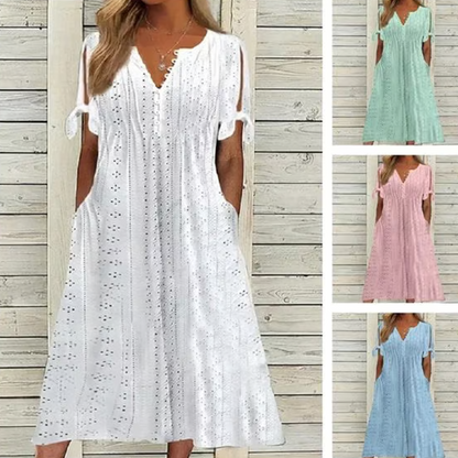 🔥👗Női elegáns V-nyakú üreges egyszínű ruha