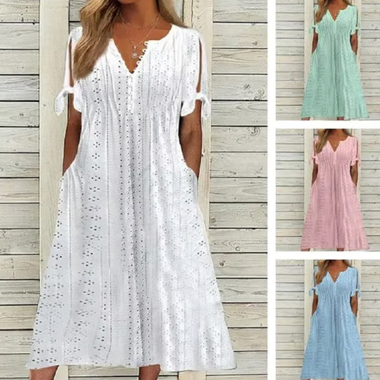 🔥👗Női elegáns V-nyakú üreges egyszínű ruha