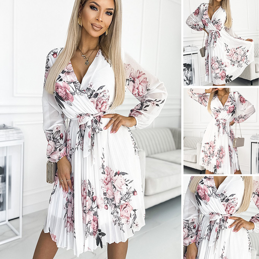 👗✨ Női Fehér Virágos V-nyakú Ruha Övvel 🌸