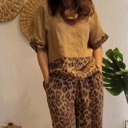 🐆Stílusos Foltvarrásos Rövid Ujjú Felső és Széles Lábú Nadrág Két Részes Szett💃