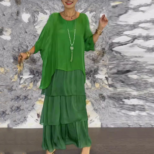 🔥[S-4XL]👗Elegáns emeletes fodros sifon Maxi ruha🌞❤️