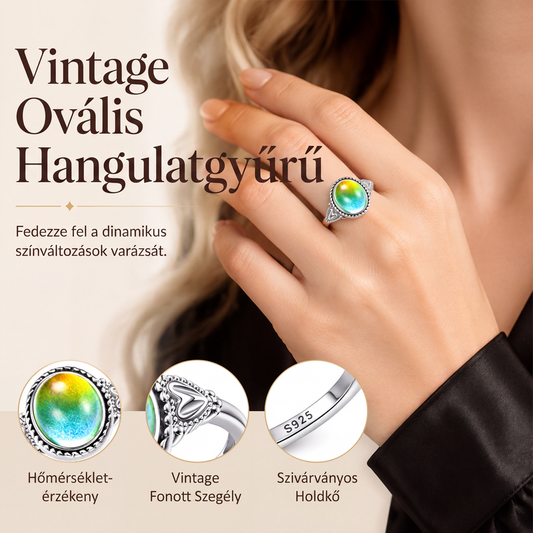 💍✨Vintage ovális hőmérsékletváltozásra színváltó hangulatgyűrű szív díszítésekkel – Egyedi, varázslatos, érzelemdús kiegészítő
