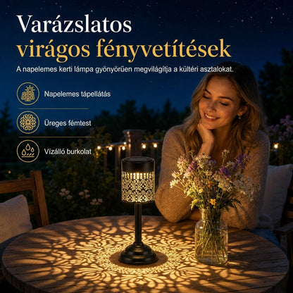 🌸 Napelemes bazsarózsa vetítőlámpa – automatikus meleg fény a kertbe